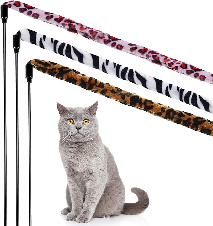 Sumind 3 Pieces Jungle Cat Wand Cat Teaser Charmer Interactive Fun Toys Wand Kitten Kitty Playing Toy, 3 Styles(Classic Color)