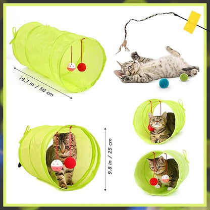21 PCS Cat Toys Kitten Toys Set – Interactive Cat Tunnel with Feather Wand, Plush Mice, Crinkle Balls, Jingle Balls, Spring Toys – Indoor Play Set for Cats, Kittens, Rabbits, Puppies