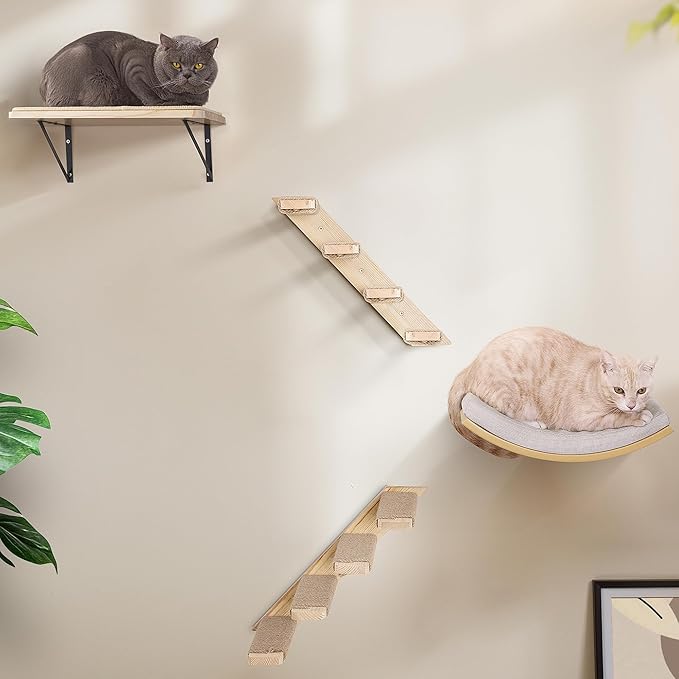Wooden Cat Wall Steps Shelves Set, Wall Mounted Cats Shelves with Foam Cushion Bed, Flat Perch & 2 Four-Step Cat Ladders for Climbing