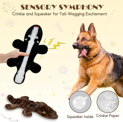 No Stuffing Dog Squeak Toys, 2 Pack Chew Toys with Crinkle to Keep Them Busy, Plush Puppy Teething Toys for Indoor & Outdoor Play, Best Birthday Gift for Large Breed