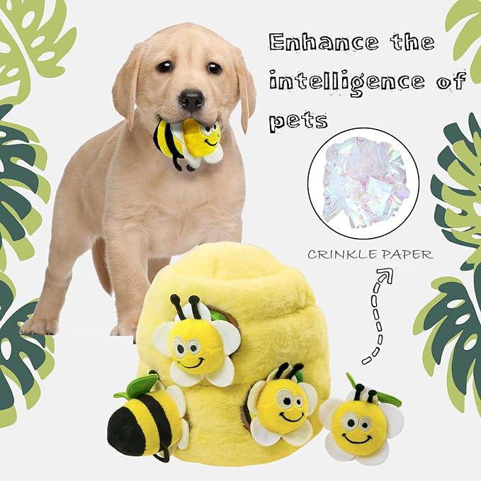 Hide and Seek Dog Toys, Interactive Squeaky Plush Puzzle Puppy Chew Toy to Keep Them Busy for Small Medium Large Dogs(Beehive Hideaway with 4 Pack Bees)