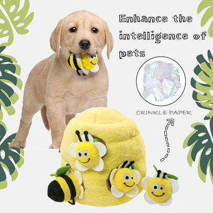 Hide and Seek Dog Toys, Interactive Squeaky Plush Puzzle Puppy Chew Toy to Keep Them Busy for Small Medium Large Dogs(Beehive Hideaway with 4 Pack Bees)