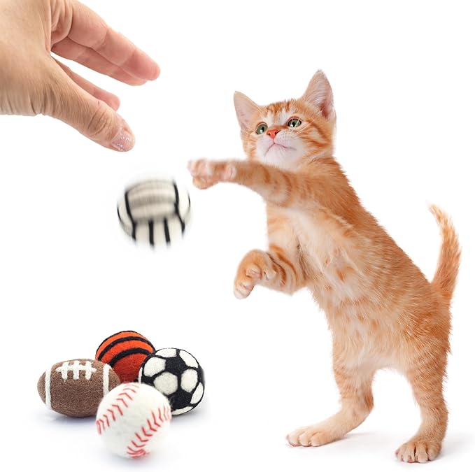 Glaciart One Sports Wool Balls for Cats – 5 Pcs with Catnip Pouch - Soft Fuzzy Enrichment 100% Natural Felt Cat Toy - Interactive Play Cat Toy Set - Safe for Pets, Non-AZO Colored Dyes – 1.6”