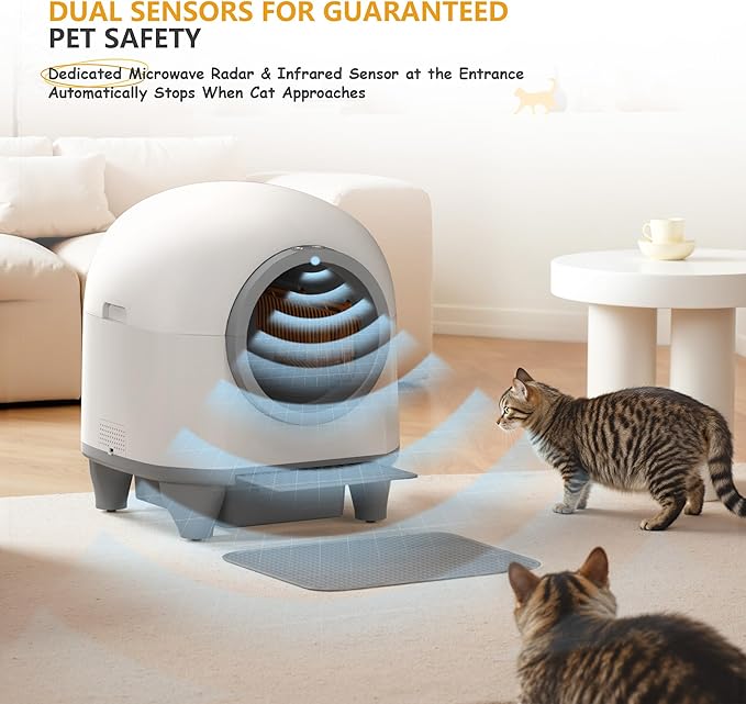 WARCAT Self Cleaning Litter Box Automatic, 90 L Automatic Cat Litter Box for Multiple Cats APP-Controlled with Smart Sensors, Safety Protection,Mat,1 Roll Garbage Bag (Gray)
