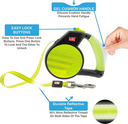 Wigzi Reflective Gel Retractable Leash, Yellow, Large