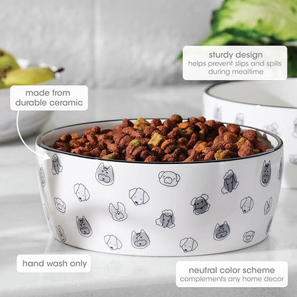 Pearhead Ceramic Dog Bowl Extra Large 8 Cup – Puppy Faces Pattern, Durable Heavyweight Pet Food & Water Bowl, Neutral Modern Design, XL 64 oz