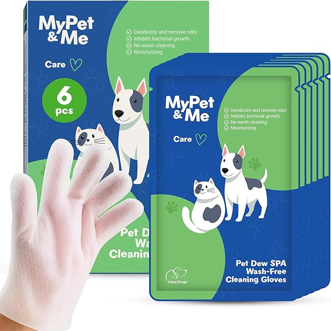 My Pet & Me Pet Glove Wipes for Dogs & Cats, No-Rinse Instant Bath Cleaning Gloves, Soap-Free Grooming Mitts, Individually Wrapped for Travel, Olive & Jojoba Oils, 6 Count