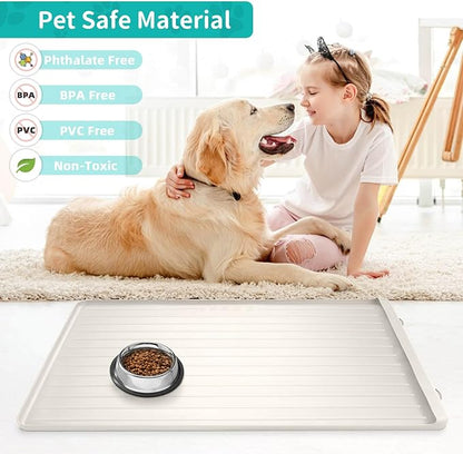 Dog Mat for Food and Water - 39.4" x 27" Large Pet Feeding Mats with Residue Collection Pocket - Waterproof Dog Cat Bowl Mat with High Edges to Prevent Water and Food Spills (Cream)