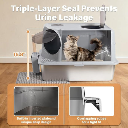 Stainless Steel Litter Box with Lid, XL Large Enclosed Cat Litter Box for Big Cats, Metal Cat Litter Box with High Sided, Anti-Leakage,Front & Top Entry,Includes Mat & Scoop