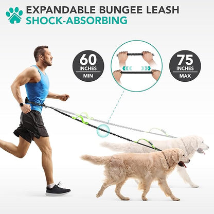 PetAmi Heavy Duty Hands Free Dog Leash, Adjustable Waist Belt for Large Dog Walking Up to 125 lbs, Bungee Leash for Pet Running, Hiking, Reflective Safety for Jogging, Biking, Green Handle