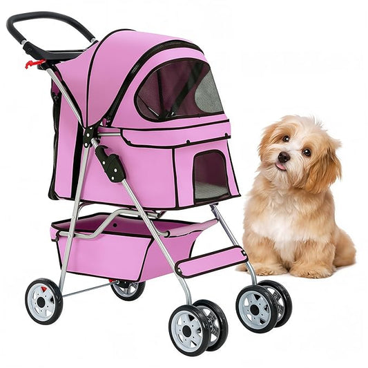 BestOffice Pet Stroller for Small Medium Dogs & Cats, 4-Wheel Foldable Dog Stroller with Cup Holder, Lightweight Travel Carrier, Waterproof Design for Outdoor Walks, Pink
