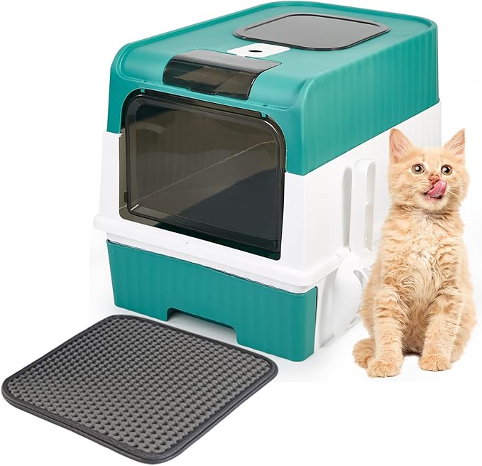 Cat Litter Box with Litter Mat, 18"x14"x13" Large Litter Box for Big Cats, Enclosed Removable Litter Boxs, Front Entry Top Exit Kitty Box, Odor Control, Easy to Clean (Green)