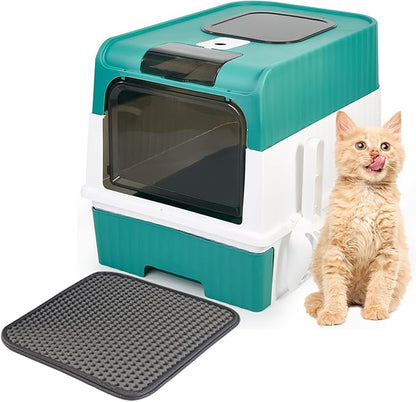 Cat Litter Box with Litter Mat, 18"x14"x13" Large Litter Box for Big Cats, Enclosed Removable Litter Boxs, Front Entry Top Exit Kitty Box, Odor Control, Easy to Clean (Green)