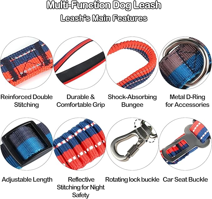 EVERKING 6-in-1 Hands-Free Dog Leash, Adjustable Elastic Reflective Nylon, Dual-Handle Shock Absorbing, 6 Feet, for Small to Large Dogs 30-150lbs (Sunset Blaze)