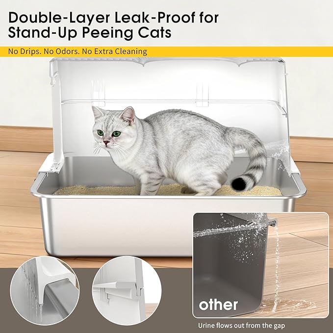 Enclosed Stainless Steel Litter Box, Large Metal Litter Box with Lid, Front & Top Entry, Odor Control & Dog Proof, Scratch-Resistant, Easy Clean (White)