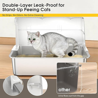 Enclosed Stainless Steel Litter Box, Large Metal Litter Box with Lid, Front & Top Entry, Odor Control & Dog Proof, Scratch-Resistant, Easy Clean (White)