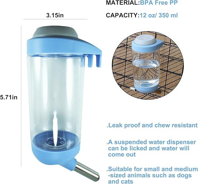 Dog Crate Water Bottle - 12 oz No Drip Kennel Pet Water Dispenser, Easy-to-Use Cage Water Bottle for Dogs, Cats, Small Animals, 350ML, Blue