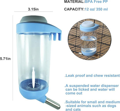 Dog Crate Water Bottle - 12 oz No Drip Kennel Pet Water Dispenser, Easy-to-Use Cage Water Bottle for Dogs, Cats, Small Animals, 350ML, Blue