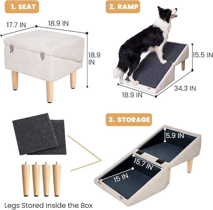 3-in-1 Dog Ramp 18.9"×17.7"×18.9" with Storage – Pet Stairs for Senior & Injured Dogs & Cats, Hidden Storage Footstool, Ottoman Anti-Slip, Supports 220 lbs for Beds & Sofas