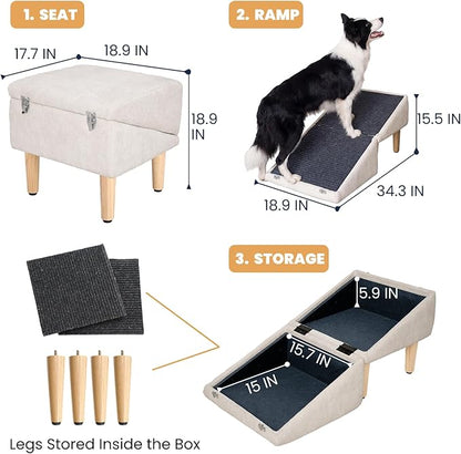 3-in-1 Dog Ramp 18.9"×17.7"×18.9" with Storage – Pet Stairs for Senior & Injured Dogs & Cats, Hidden Storage Footstool, Ottoman Anti-Slip, Supports 220 lbs for Beds & Sofas