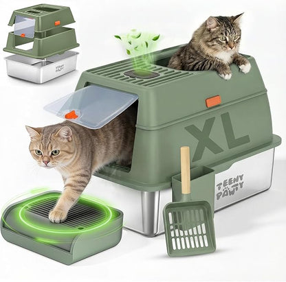 XL Stainless Steel Cat Litter Box with Enclosure and Pooper Scooper - Durable Black Metal Litter Box for Big Cats, High Sides for Anti-Leakage, Never Absorbs Odors, Non-Sticky - (60x40cm) (Sage)