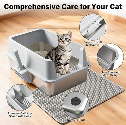 Stainless Steel Litter Box, Extra Large Litter Boxes for Big Cats, XL Metal Cat Litter Box with High Sides Lid, Anti-Urine Leakage, Never Absorbs Odors, Easy Cleaning, Non-Stick, Include Scoop and Mat