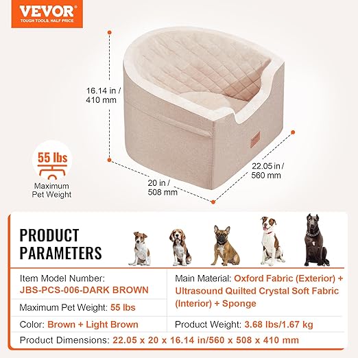 VEVOR Dog Car Seat, Waterproof Dog Booster Seat for Car with a Storage Pocket, Clip-On Safety Leash and Sponge Filling, Pet Bed for Small & Medium Dogs up to 55lbs, Brown