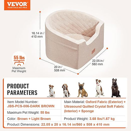 VEVOR Dog Car Seat, Waterproof Dog Booster Seat for Car with a Storage Pocket, Clip-On Safety Leash and Sponge Filling, Pet Bed for Small & Medium Dogs up to 55lbs, Brown