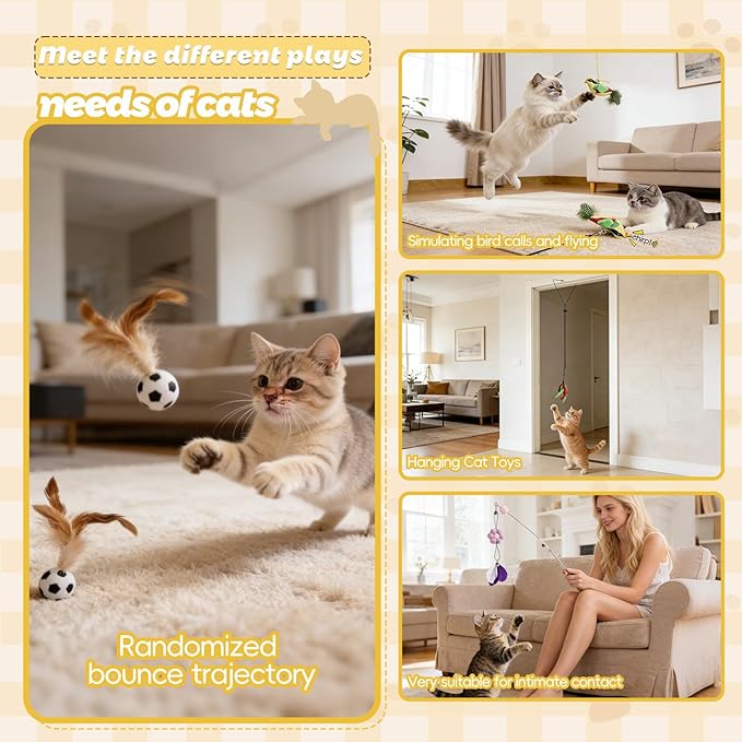 4-in-1 Interactive Cat Toy Wand, Bird Chirping Sound Cat Teaser with Bouncy Ball and Feather Attachments, 2 Play Modes for Bored Indoor Adult Cats Self Play Exercise