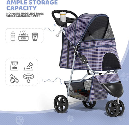 Magshion 3-Wheel Pet Stroller, Foldable Travel Jogger for Small & Medium Dogs & Cats (Up to 33lbs), Lightweight Carrier with Breathable Mesh Cover, Cup Holder & Storage Basket, Plaid