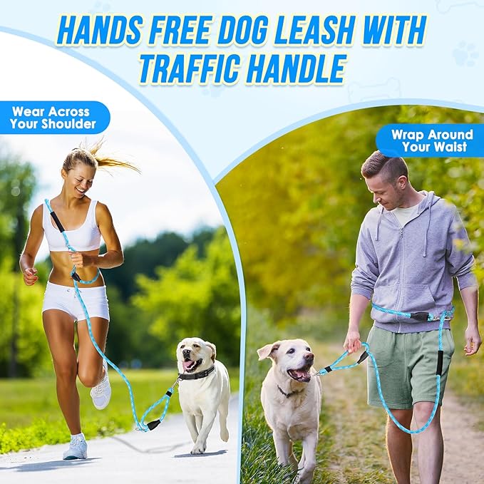Lukovee Hands Free Dog Leash, 10FT Adjustable Training Lead 1/2 Inch Nylon Heavy Duty Lead No Pull for Large Medium Dogs, Tangle Free Reflective Waist-Leash for Walking Running(Xie-Blue, Plus Handle)