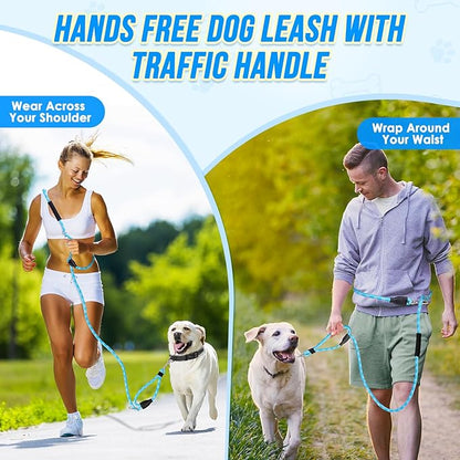Lukovee Hands Free Dog Leash, 10FT Adjustable Training Lead 1/2 Inch Nylon Heavy Duty Lead No Pull for Large Medium Dogs, Tangle Free Reflective Waist-Leash for Walking Running(Xie-Blue, Plus Handle)