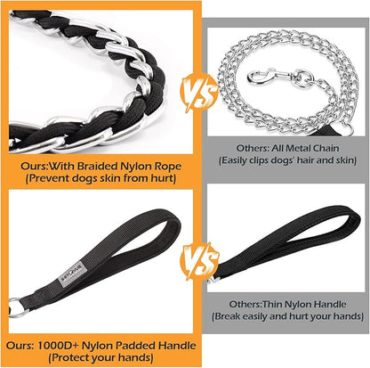 Chain Dog Leash Chew Proof Metal Leash for Medium Large Dogs, Chain Link Dog Anti Chew 5.2FT / 4FT Strong Anti Bite Comfortable Soft Padded Handle (Black, 4FT(5-30lb))