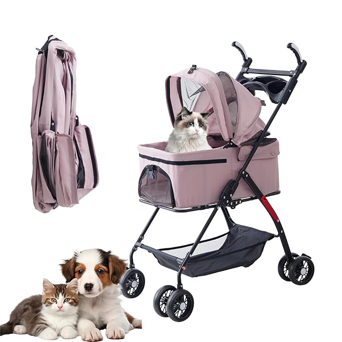 4 Wheels Pink Foldable Pet Stroller with Storage Basket, Cup Holder & Breathable Mesh for Small/Medium Dogs and Cats
