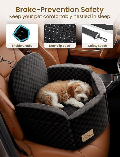 Dog Car Seat for Small/Medium Dogs Up to 35 lbs, Elevated Memory Foam Dog Booster Seat with 2 Safety Belts, Travel Safety Pet Car Seat with Detachable Washable Cover and Storage Pockets (Black/Black)