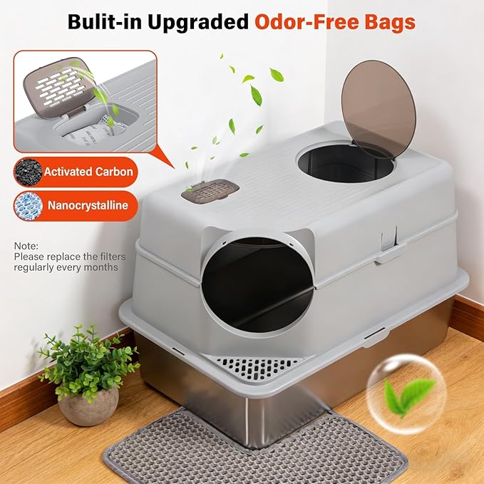Stainless Steel Litter Box with Lid, Extra Large Enclosed Cat Litter Box for Big Cats, Metal Cat Box with High Sided Enclosure & Scoop, Front & Top Entry, Odor Free, Anti-Leakage, Grey