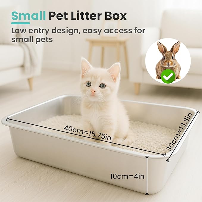 Small Stainless Steel Cat Litter Box, 15.8”x11.8”x4” Low Sided Metal Litter Box for Kittens and Rabbits, Odor Control Kitty Litter Tray, Non Sticky Indoor Litter Pan, Easy to Clean, S