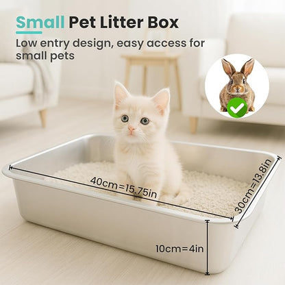 Small Stainless Steel Cat Litter Box, 15.8”x11.8”x4” Low Sided Metal Litter Box for Kittens and Rabbits, Odor Control Kitty Litter Tray, Non Sticky Indoor Litter Pan, Easy to Clean, S