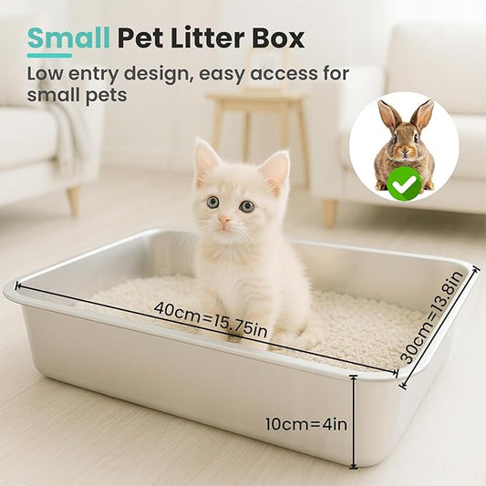 Small Stainless Steel Cat Litter Box, 15.8”x11.8”x4” Low Sided Metal Litter Box for Kittens and Rabbits, Odor Control Kitty Litter Tray, Non Sticky Indoor Litter Pan, Easy to Clean, S