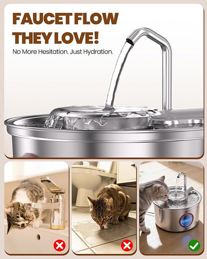 Cat Water Fountain,108oz/3.2L Stainless Steel Cat Fountain and Removable Water Bowl,Pet Fountain with Water Level Window,Quiet Pump,Multi-Filter, Water Tap, Provides Flowing,for Dog Cats