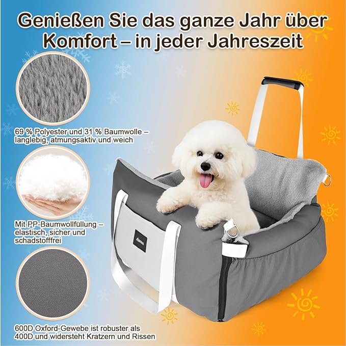 SIVES Dog Car Seat for Small Dogs, Soft Booster Seat Travel Bed with Side Flaps, Non-Slip Base, Seat Belt Straps + Safety Tether, Storage Pocket, Washable Cushion, Recommended Up to 33 lbs, Grey