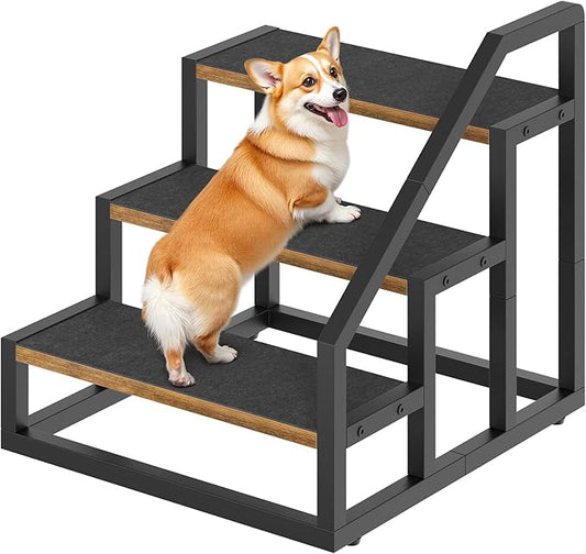 Dog Stairs for Small Dogs, 3-Steps Dog Steps for High Beds and Couch, 20.5”H Pet Steps with Non-Slip, Rustic Brown and Black LT11BR