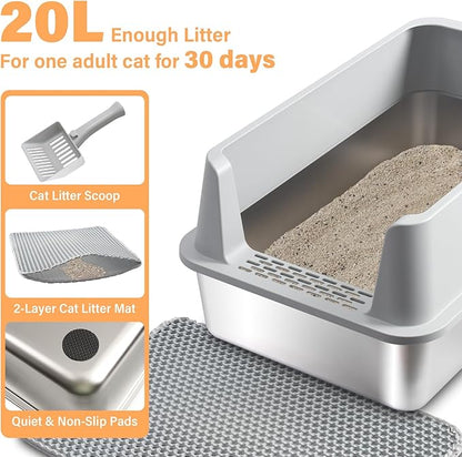 Stainless Steel Cat Litter Box, XL Cat Litter Box with Lid for Big Cat, Extra Large Metal Litterbox with High Side，Non-Stick, Odor-Resist, Anti-Urine Leakage, Easy-Clean, Includes Mat & Scoop
