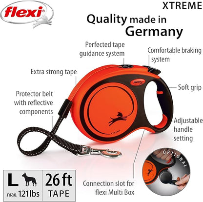 FLEXI Xtreme Tape Retractable Dog Leash for Large Dogs Upto 121 lbs. – 26 ft., Orange/Black | Tangle Free Pet Walking Leash with One-Handed Brake, Pause, Lock | German Quality Product