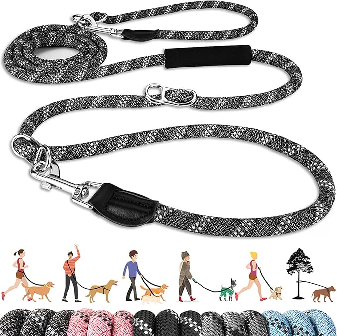 Lukovee Hands Free Dog Leash, 10FT Adjustable Training Lead 1/2 Inch Nylon Heavy Duty Lead No Pull for Large Medium Dogs, Tangle Free Reflective Waist-Leash for Walking Running, Black&Gray