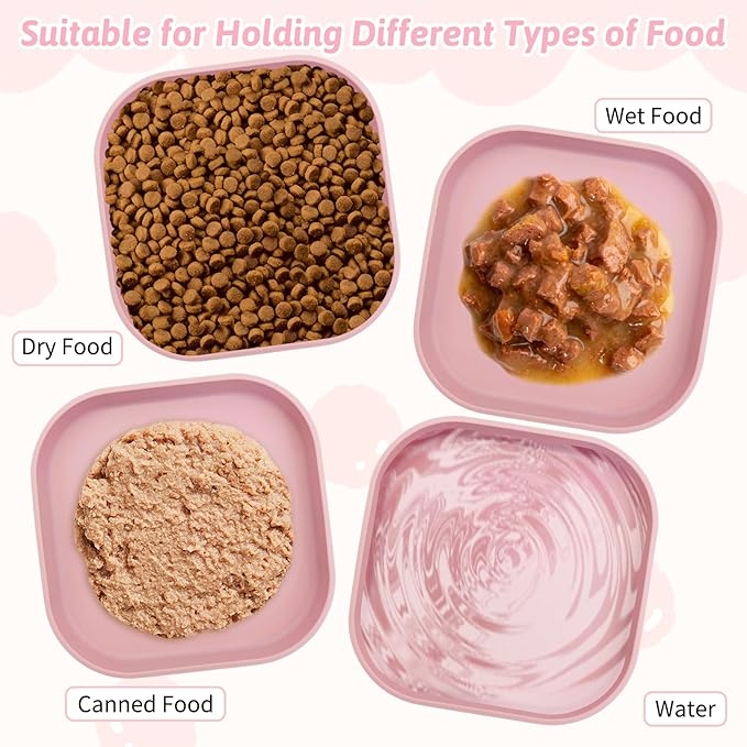 Fhiny 2PCS Silicone Cat Bowls Set 5.9 x 5.9 in Shallow Dog Dish Whisker Friendly Cat Food Plate for Dry & Wet Food Dishwasher Safe Non-Slip Pet Feeding Bowls for Kittens and Puppies (Pink)