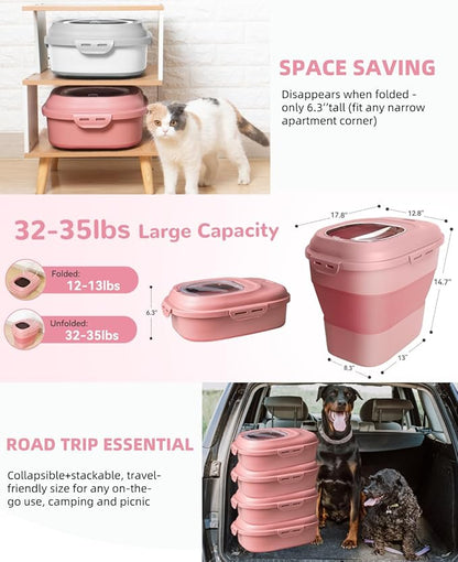 30-35 Lbs Dog Food Storage Container Collapsible Dog Food Container with Airtight Lids, Wheels, Scoop and 2pcs Food Storage Containers, Large Pet food storage for Dog, Cat (Pink)
