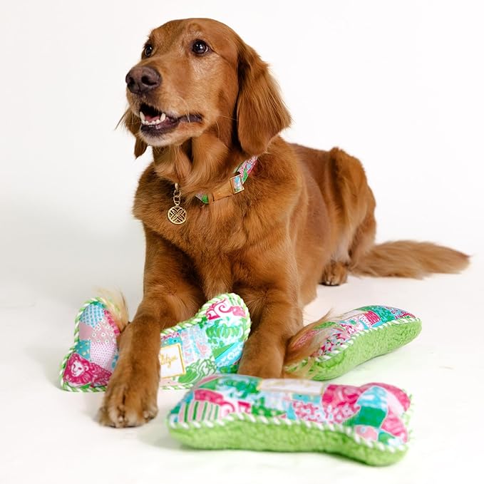 Lilly Pulitzer Dog Chew Toy, Bone Shaped Soft Plush with Fiber Fill, Double-Stitched Durability, Two-Way Squeaker, Embroidered Logo (Crazy Quilt Home)