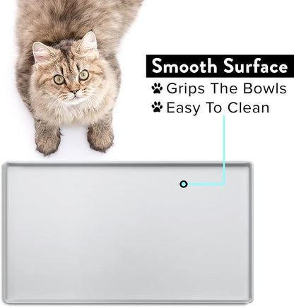 CatGuru Cat Food Mat, Small & Large Pet Feedingd Mat, 100% Waterproof Cat Mats for Food and Water, Silicone Mats for Pet Bowls, Non-Slip Placemat for Water Bowl or Fountain (Small, Silver)
