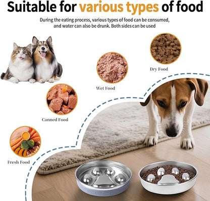 Slow Feeder Dog Bowl - 2-in-1 Stainless Steel Pet Bowl (8.27"x1.57", 33.8oz) with Non-Slip Base - Reversible Paw Design for Small/Medium/Large Dogs - Helps Slow Fast Eating for Dry & Wet Food